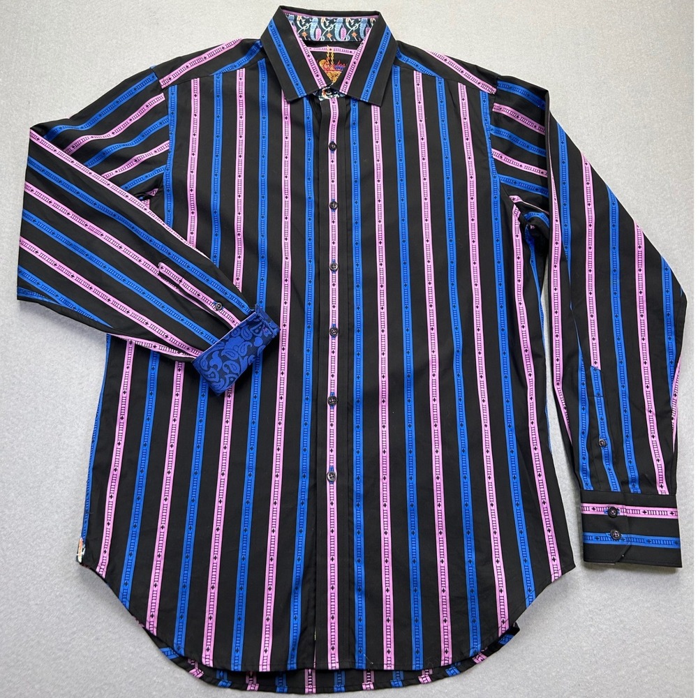 Robert Graham Medium Black Blue Purple Striped Button Down Shirt Long Sleeve